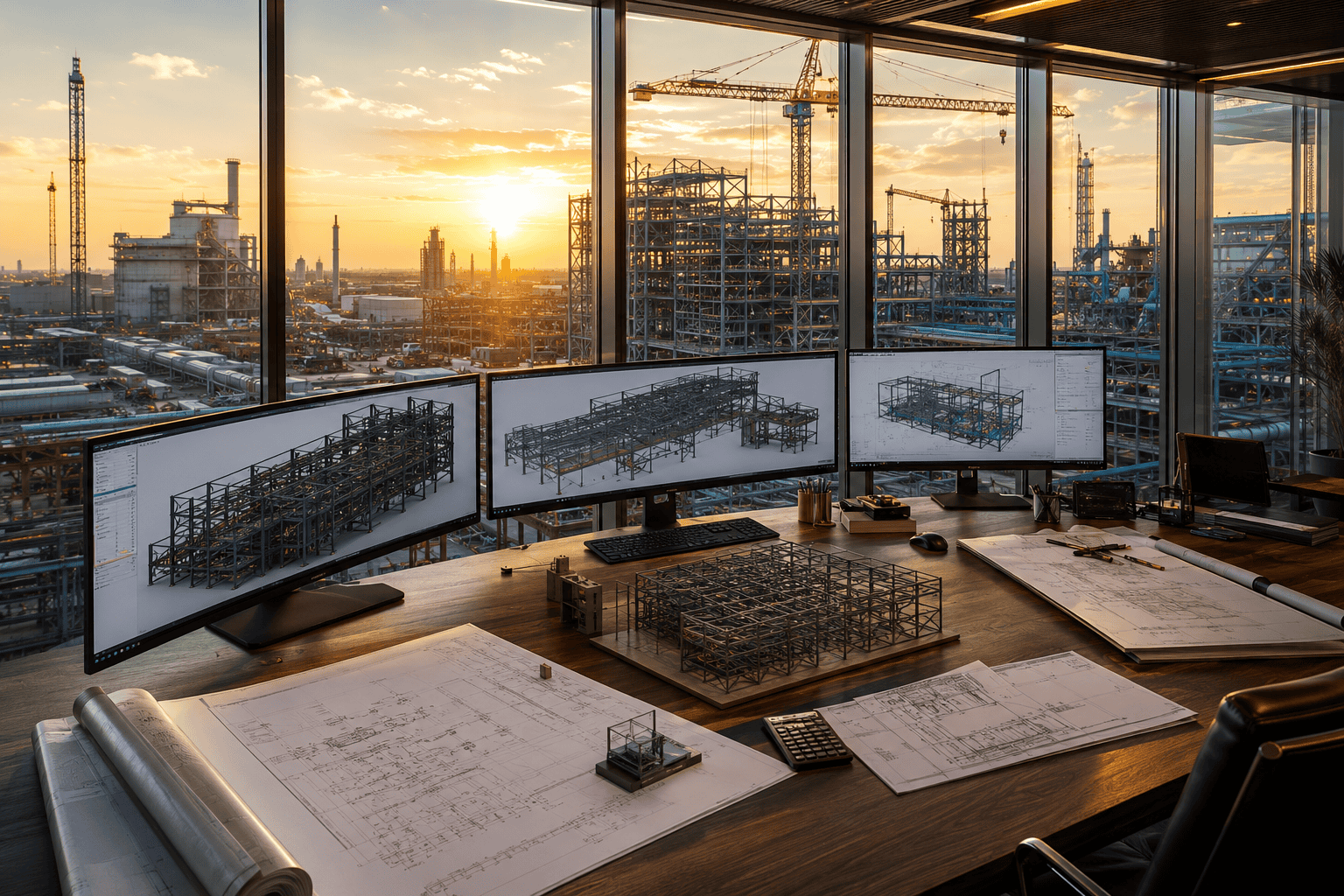 Engineering workstation at sunset: three curved monitors show steel-framed structures and blueprints, with a metal model on the desk and a construction site outside window.