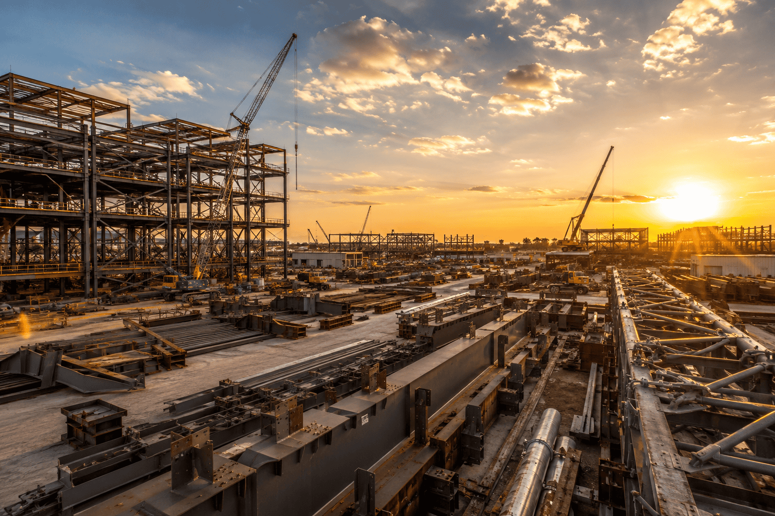 Construction site at sunset with steel framework and cranes in view, orange sky.