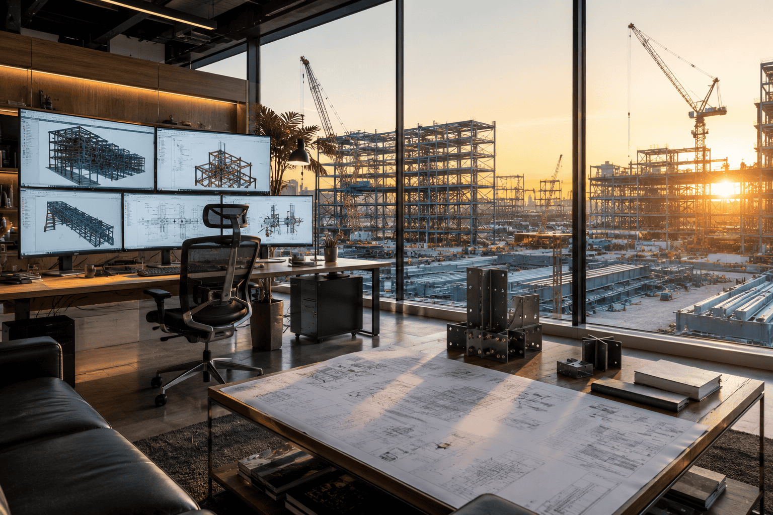 Engineering office with a multi-monitor workstation displaying structural blueprints, overlooking a construction site at sunset.