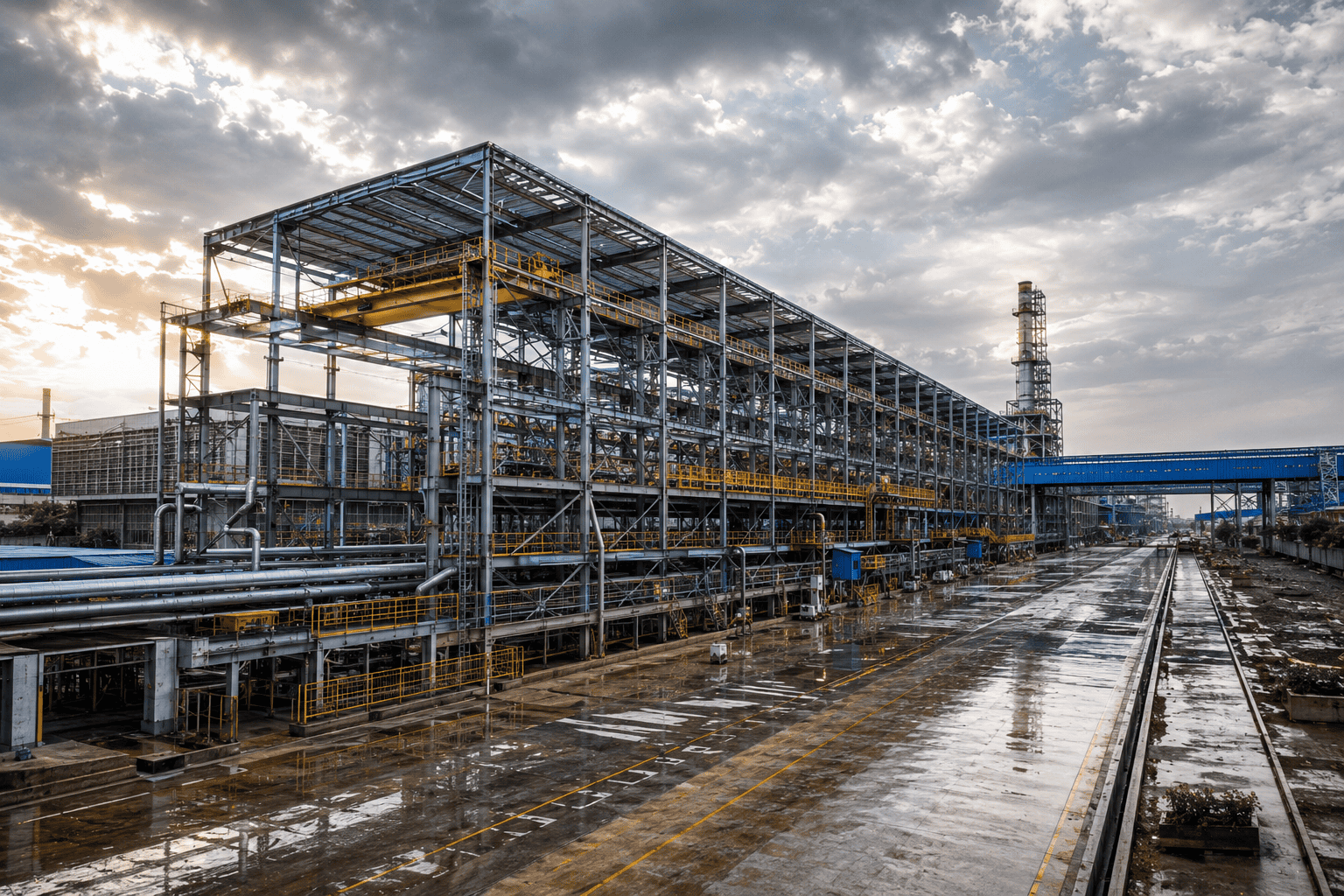 Industrial refinery-like complex with a steel frame, pipes, and yellow safety platforms under a cloudy sky after rain. Ground is wet and reflective.
